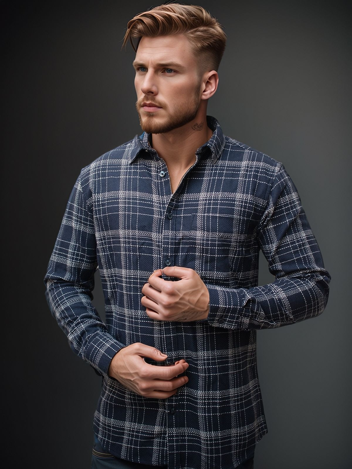 Slim Fit Square Men Checkered Casual Blue Shirt Navy Blue