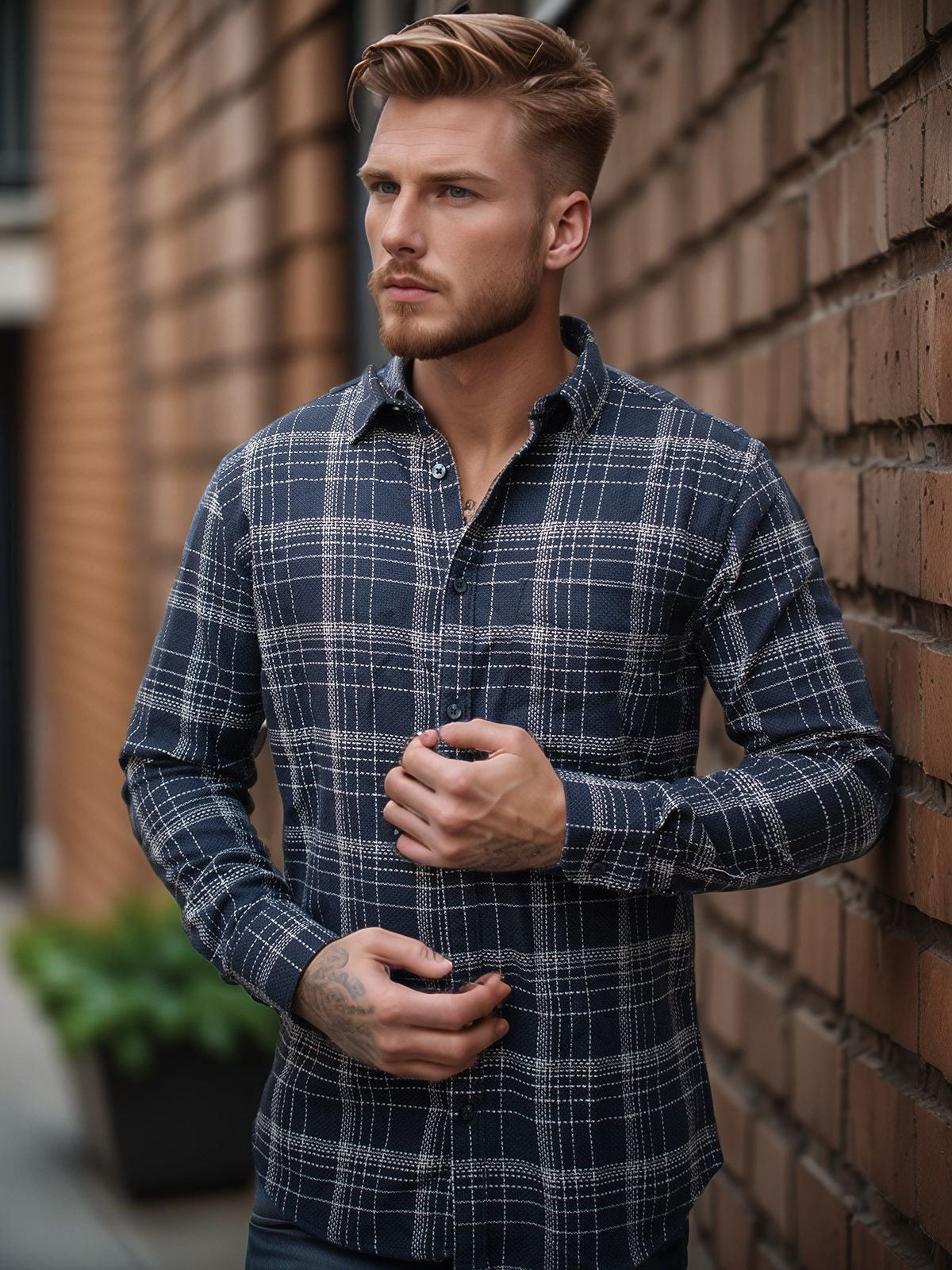 Slim Fit Square Men Checkered Casual Blue Shirt Navy Blue