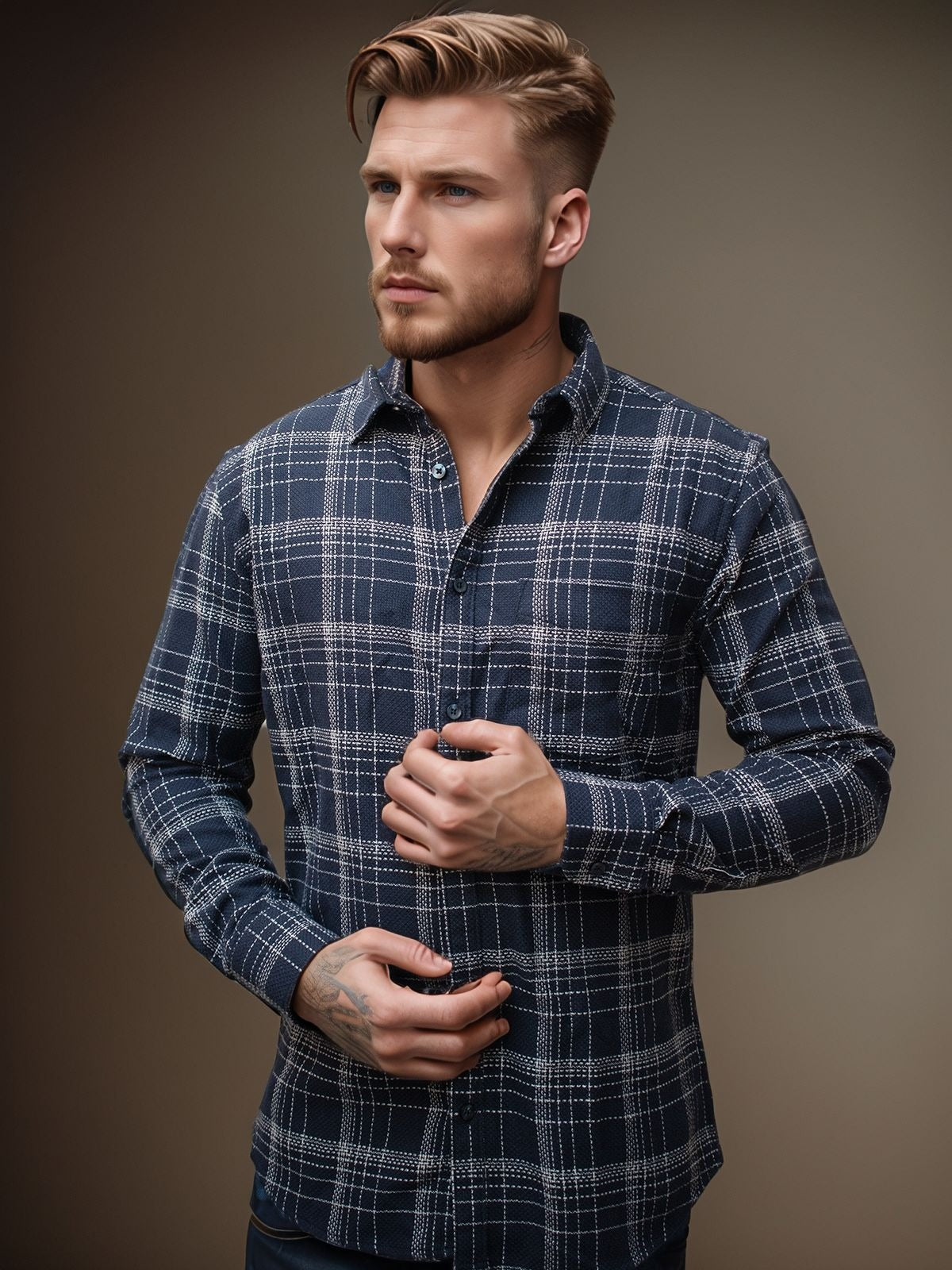 Slim Fit Square Men Checkered Casual Blue Shirt Navy Blue