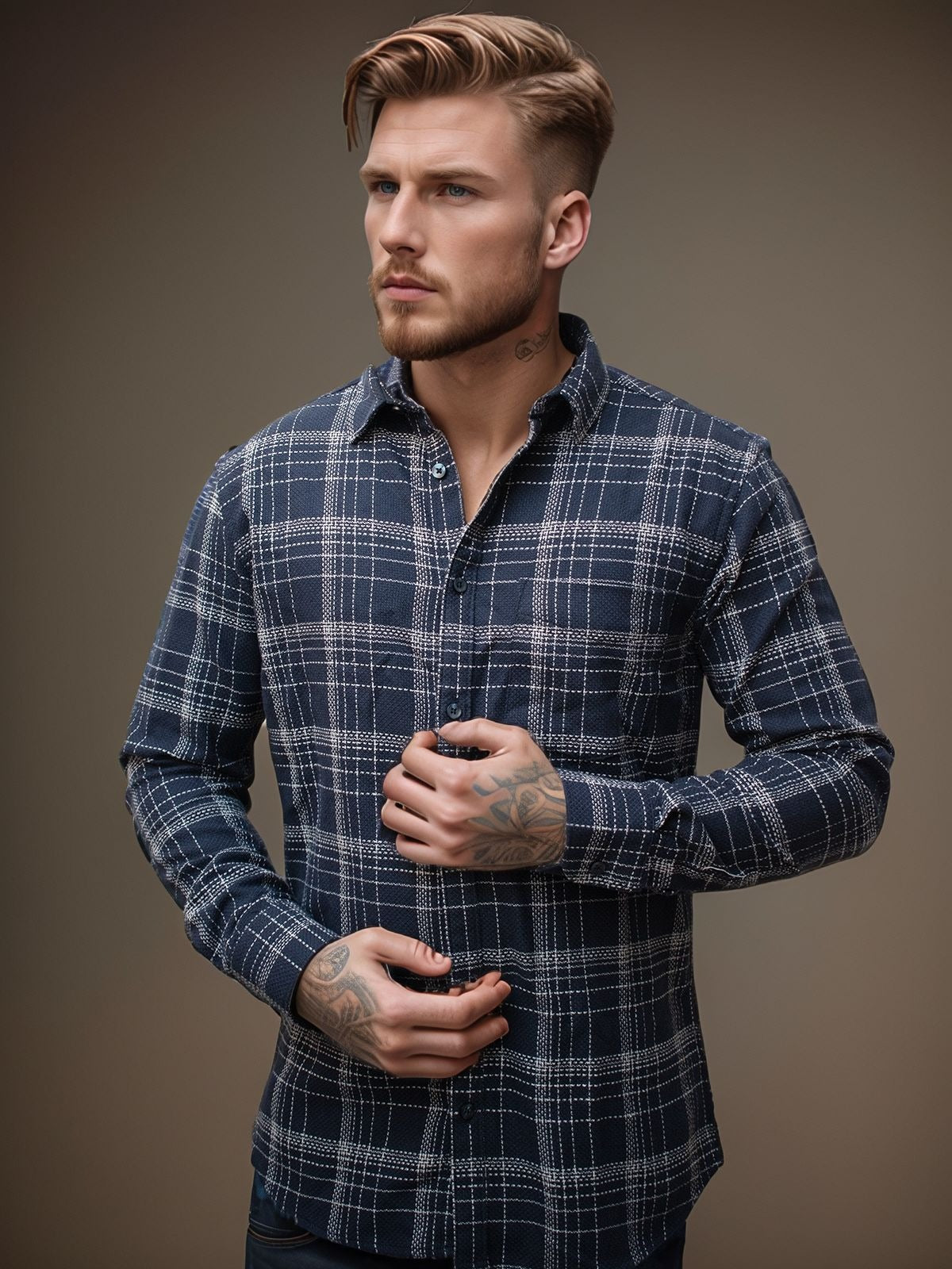 Slim Fit Square Men Checkered Casual Blue Shirt Navy Blue